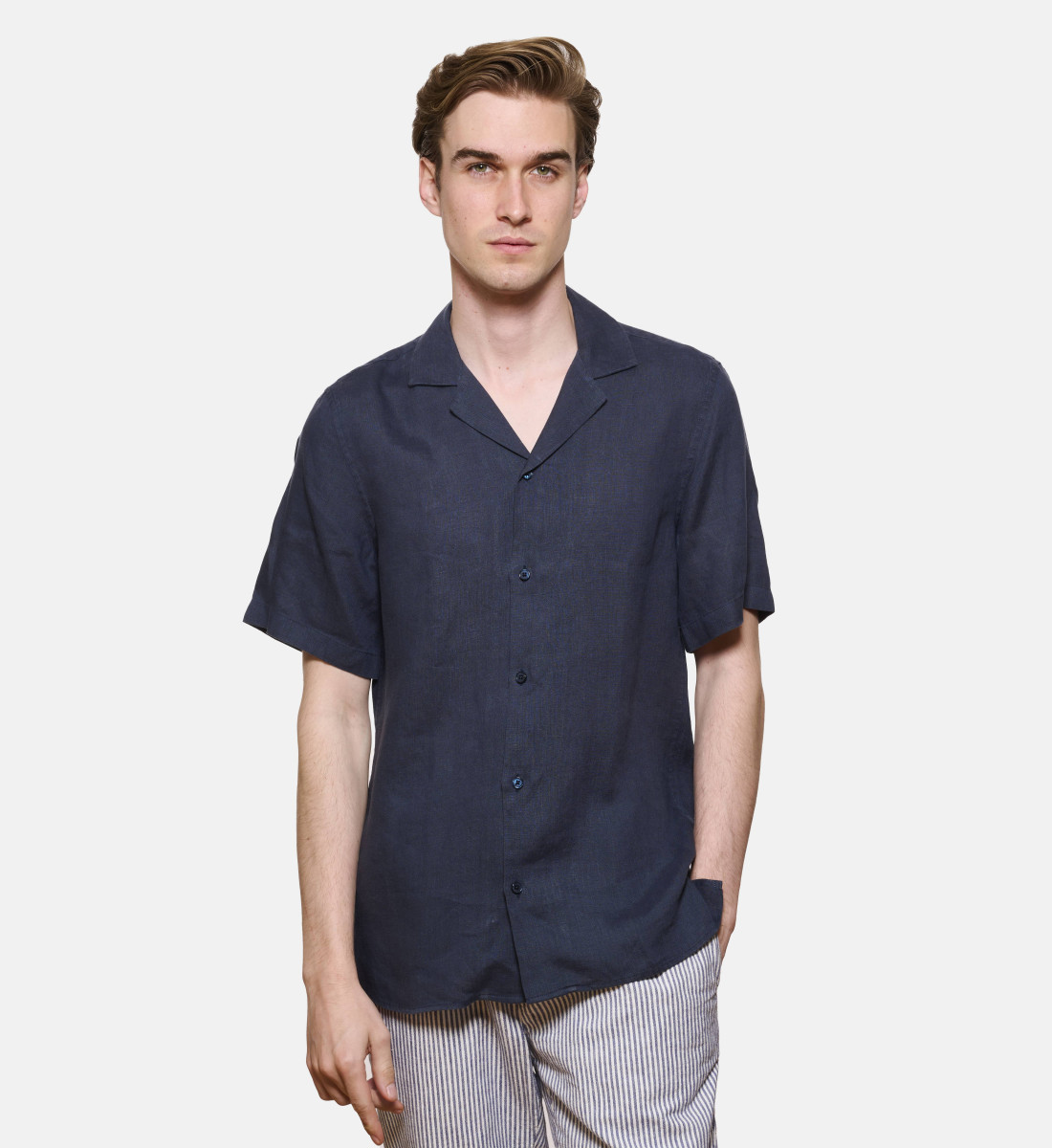 Chemise manches courtes coupe droite en lin MARINE