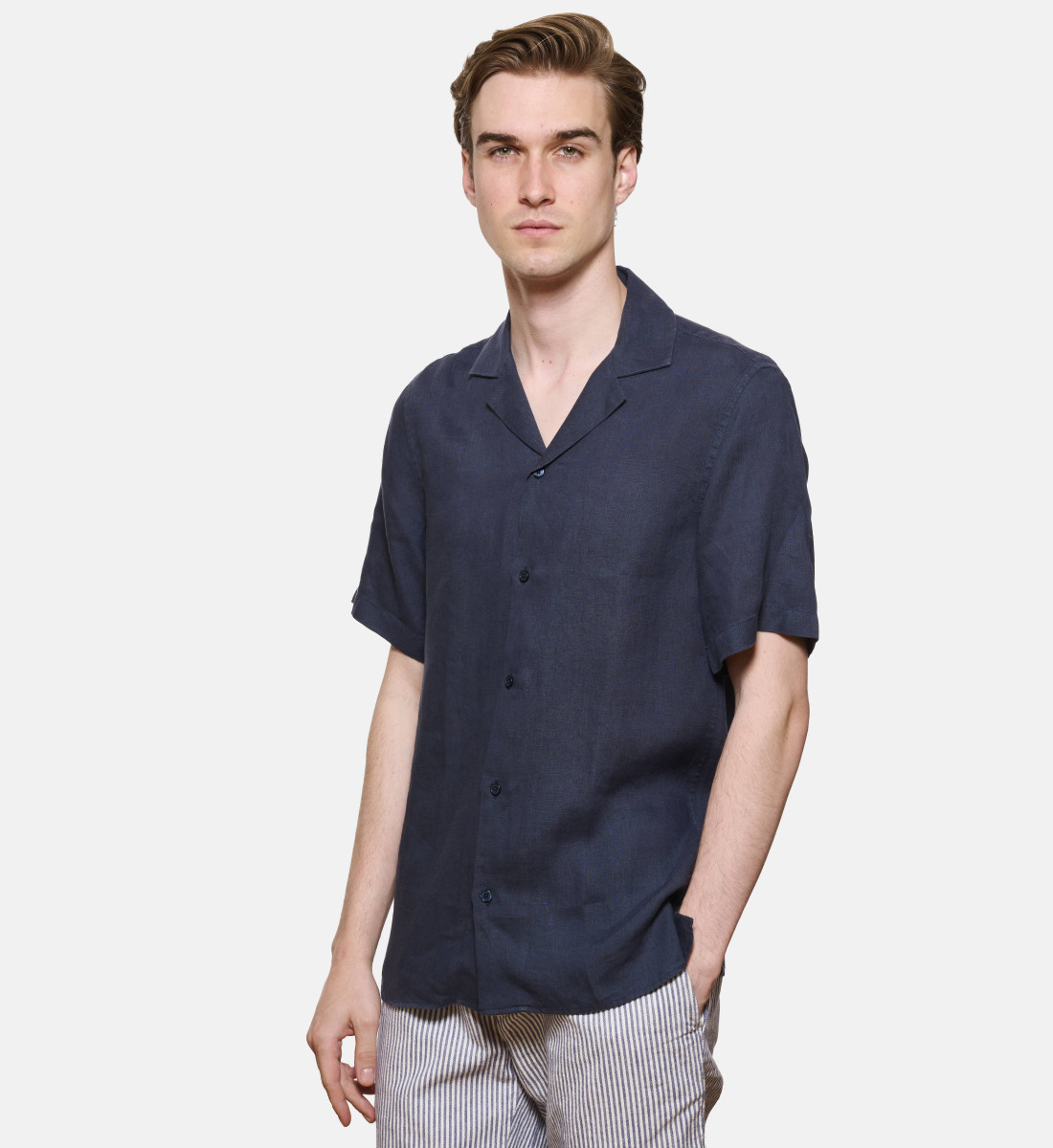 Chemise manches courtes coupe droite en lin MARINE