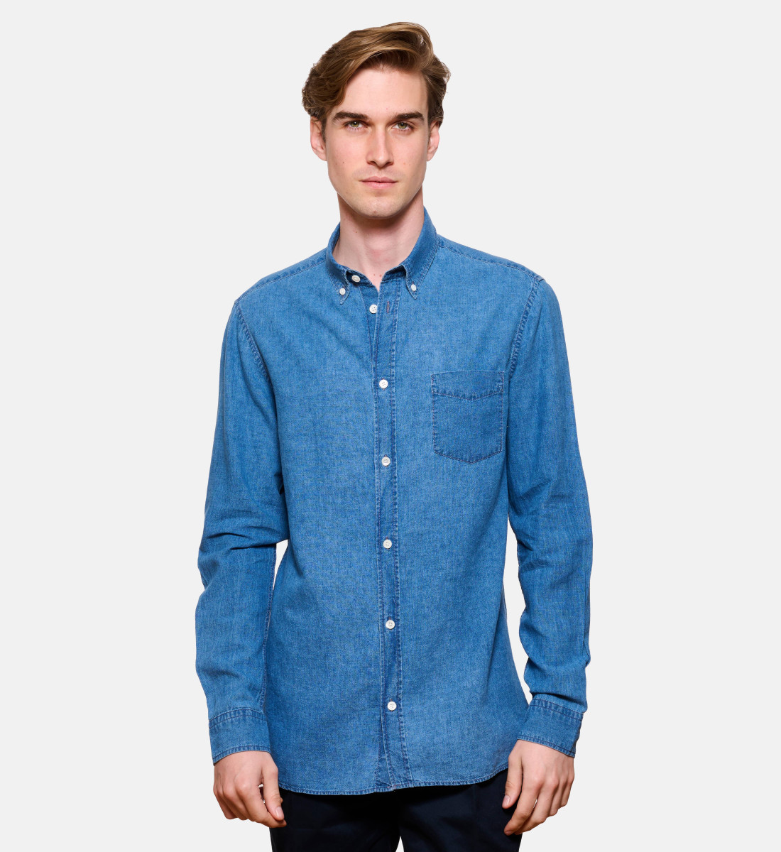 Chemise indigo lin coton coupe droite