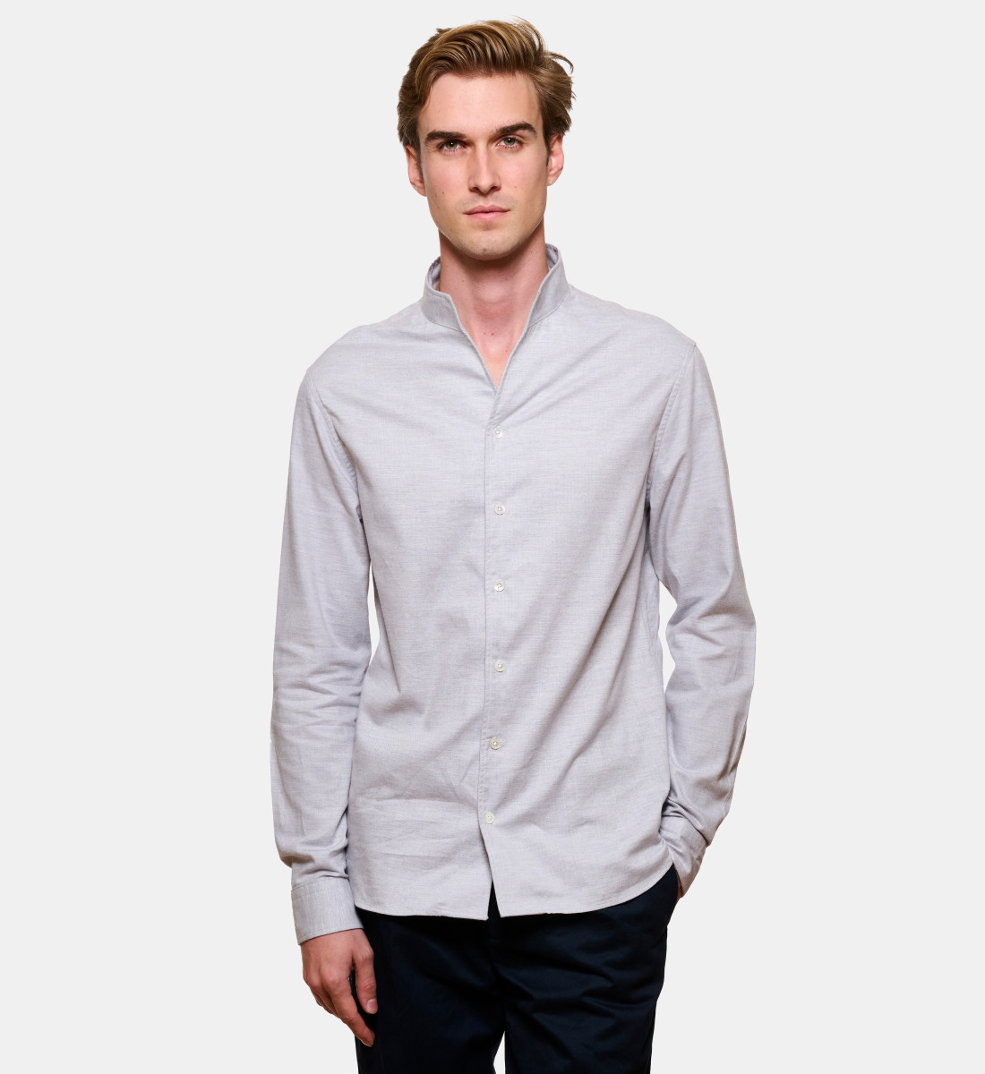 Chemise en flanelle gris col officier coupe droite